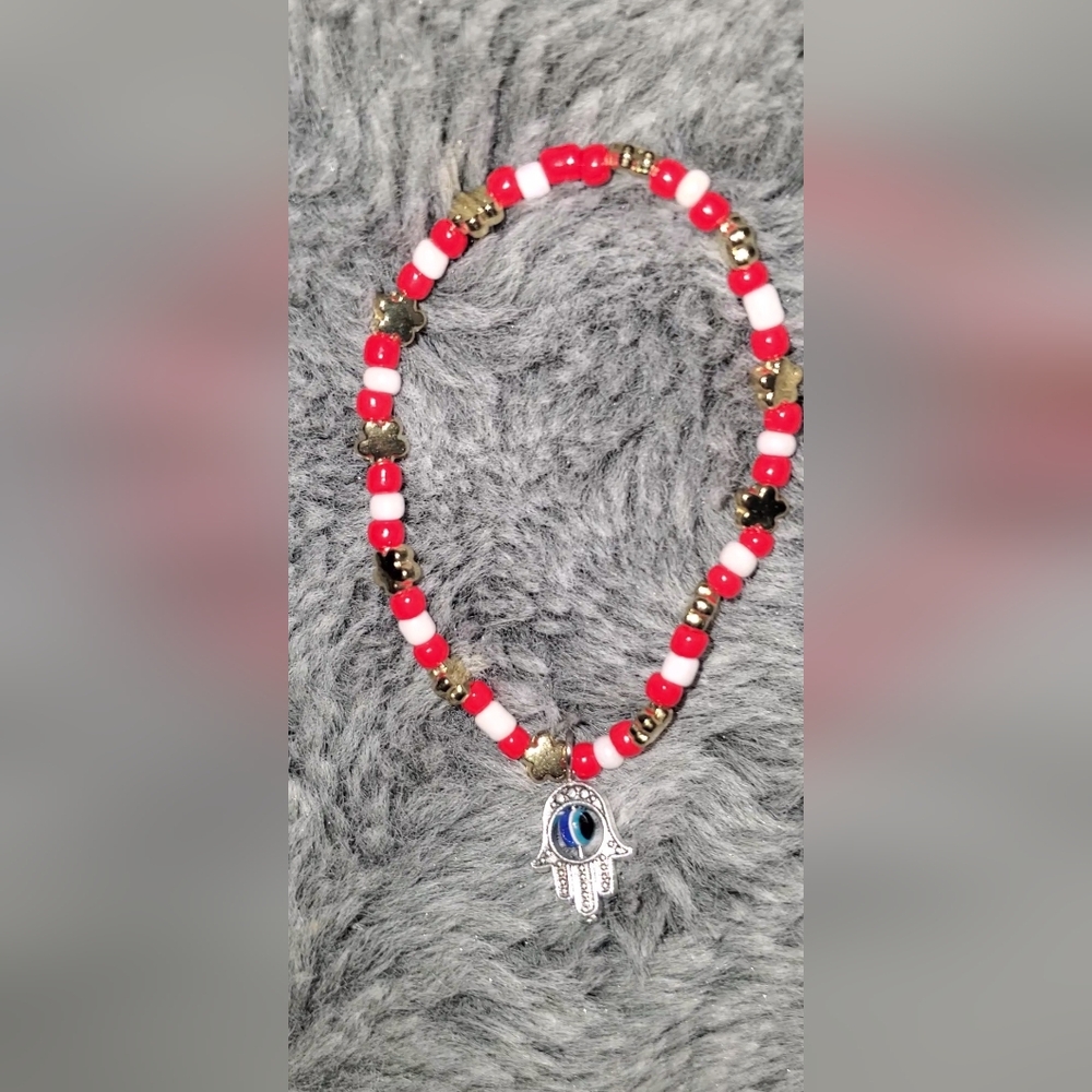 Red and White Beaded Hamsa Necklace